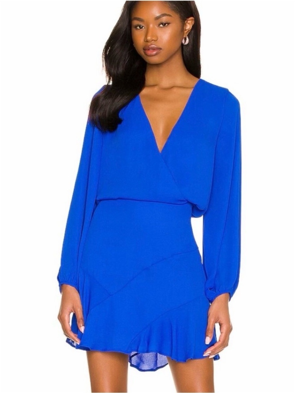 Asymmetrical skirt long sleeve dress in sapphire blue